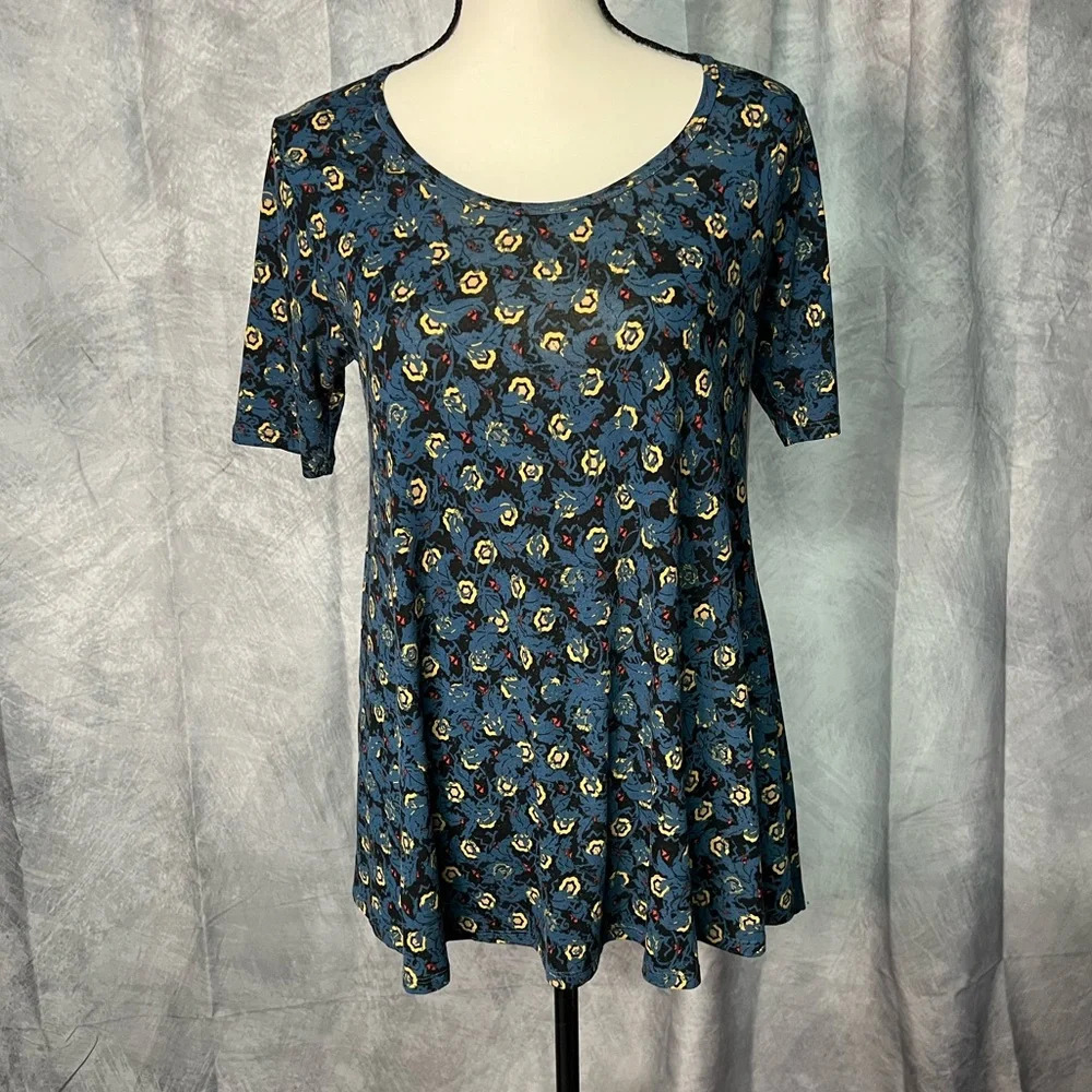 LuLaRoe Blue, Black, Red and Yellow Floral Graphic Print Perfect T - XXS